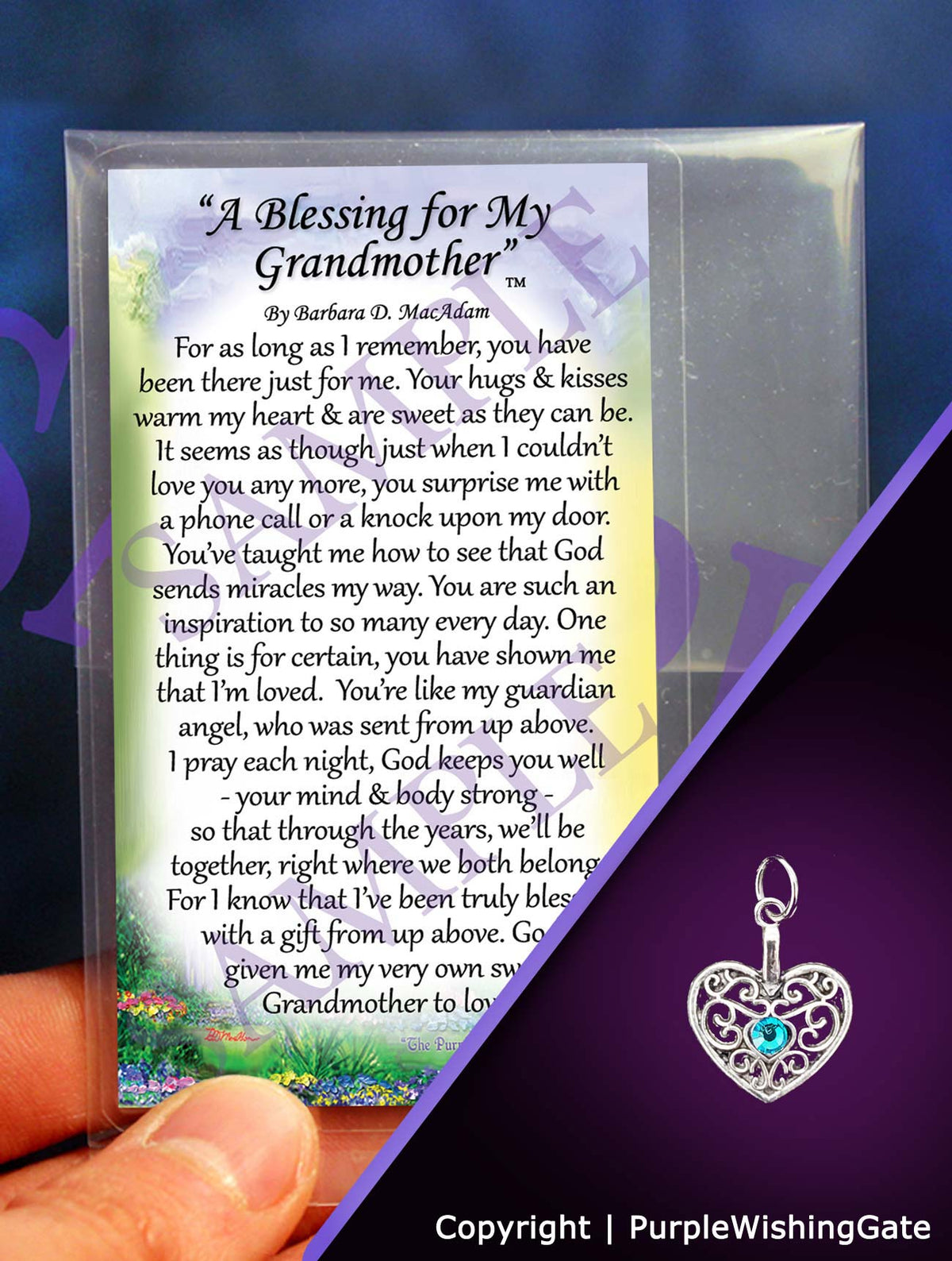 Wallet-size card with a grandmother's blessing, plus a heart-shaped charm with a Caribbean blue crystal against a purple background.