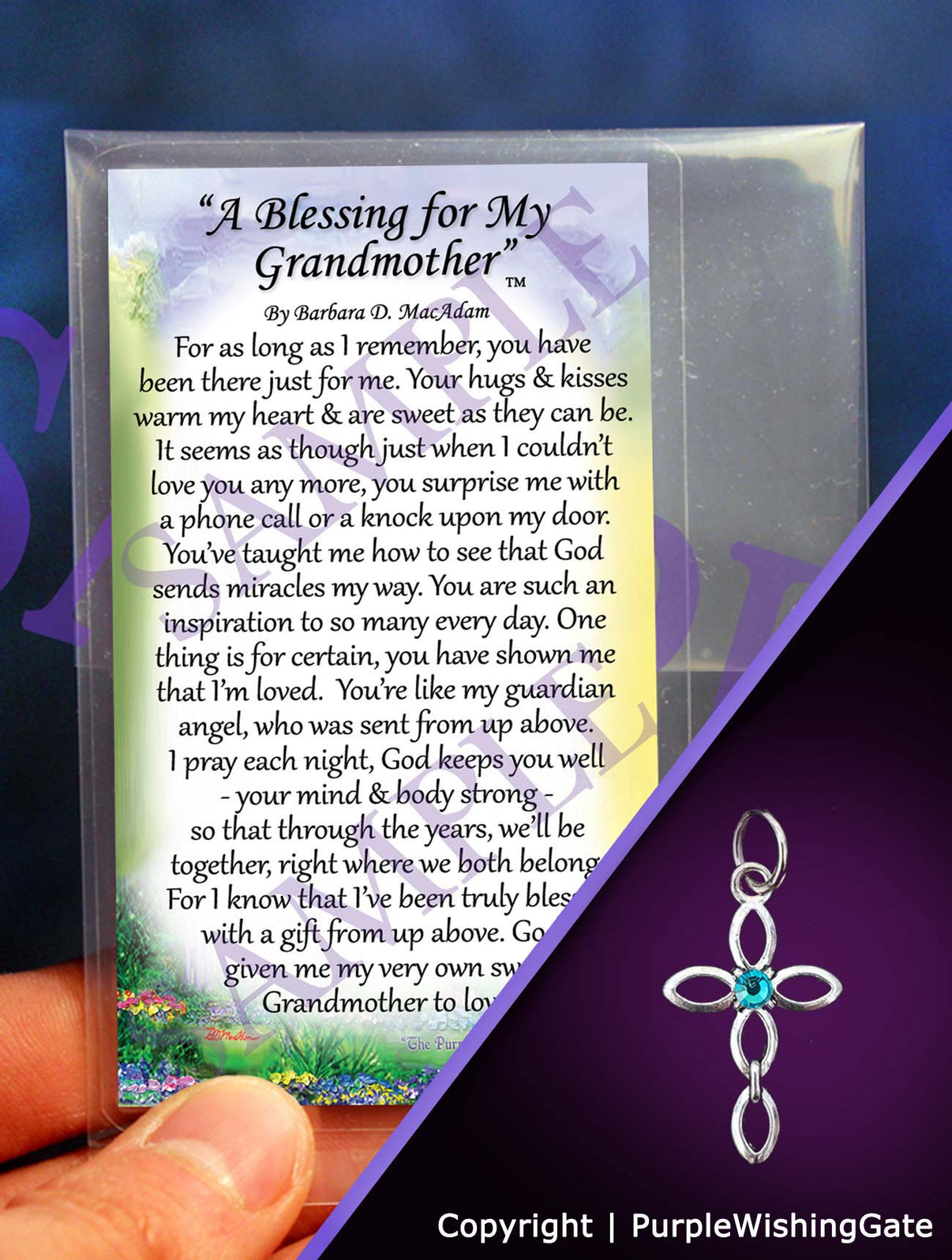 Wallet-size card with a grandmother's blessing, plus an infinity cross with a Caribbean blue crystal against a purple background.
