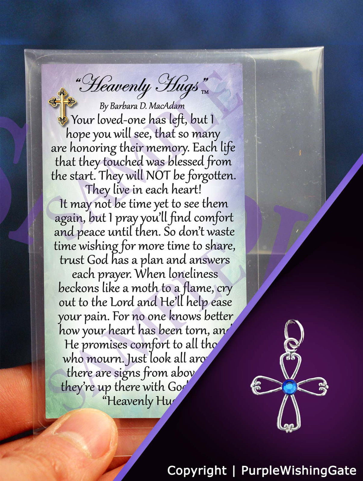Wallet-size sympathy poem called 'Heavenly Hugs,' plus an angel-like cross charm with a royal blue crystal against a purple background.