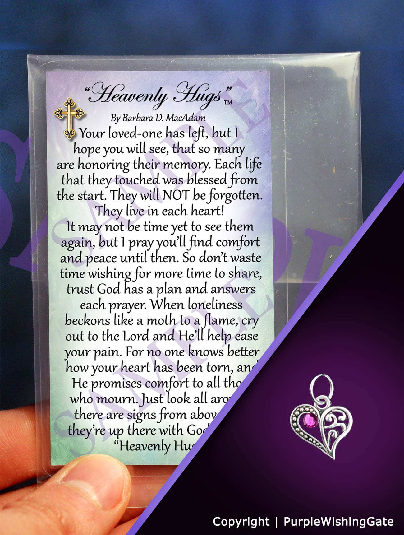 Wallet-size sympathy poem called 'Heavenly Hugs,' plus a crescent-shaped heart charm with a fuchsia crystal against a purple background.