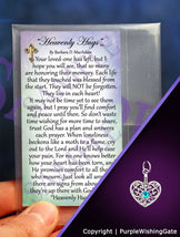 Wallet-size sympathy poem called 'Heavenly Hugs,' plus a heart-shaped charm with a Caribbean blue crystal against a purple background.