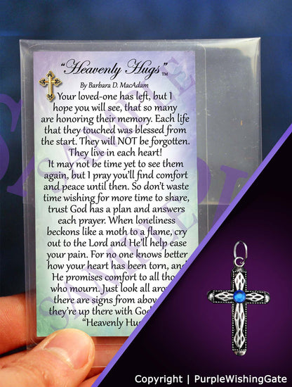 Wallet-size sympathy poem called 'Heavenly Hugs,' plus a heritage cross charm with a royal blue crystal against a purple background.