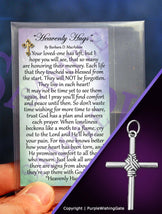 Wallet-size sympathy poem called 'Heavenly Hugs,' plus a masculine rope cross pendant against a purple background.