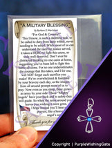 Wallet-size card featuring "A Military Blessing' poem, plus an angel-like cross charm with a royal blue crystal against a purple background.