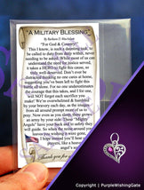 Wallet-size card featuring "A Military Blessing' poem, plus a crescent-heart-shaped charm with a fuchsia crystal against a purple background.