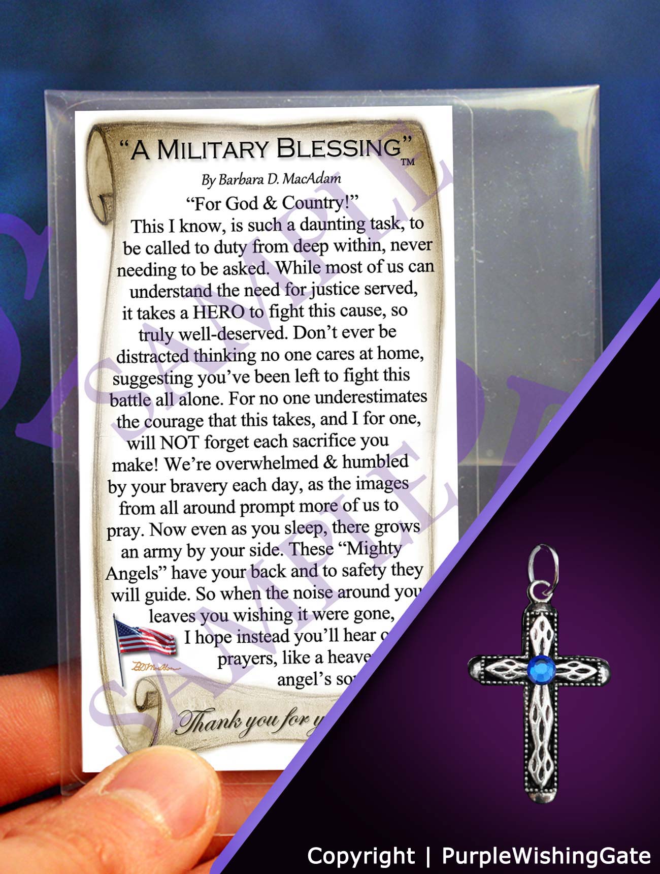 Wallet-size card featuring "A Military Blessing' poem, plus a heritage cross charm with a royal blue crystal against a purple background.