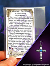 Wallet-size card featuring "A Military Blessing' poem, plus a heritage cross charm with a royal blue crystal against a purple background.