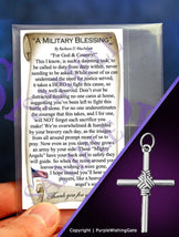 Wallet-size card featuring "A Military Blessing' poem, plus a heritage cross charm with a royal blue crystal against a purple background.