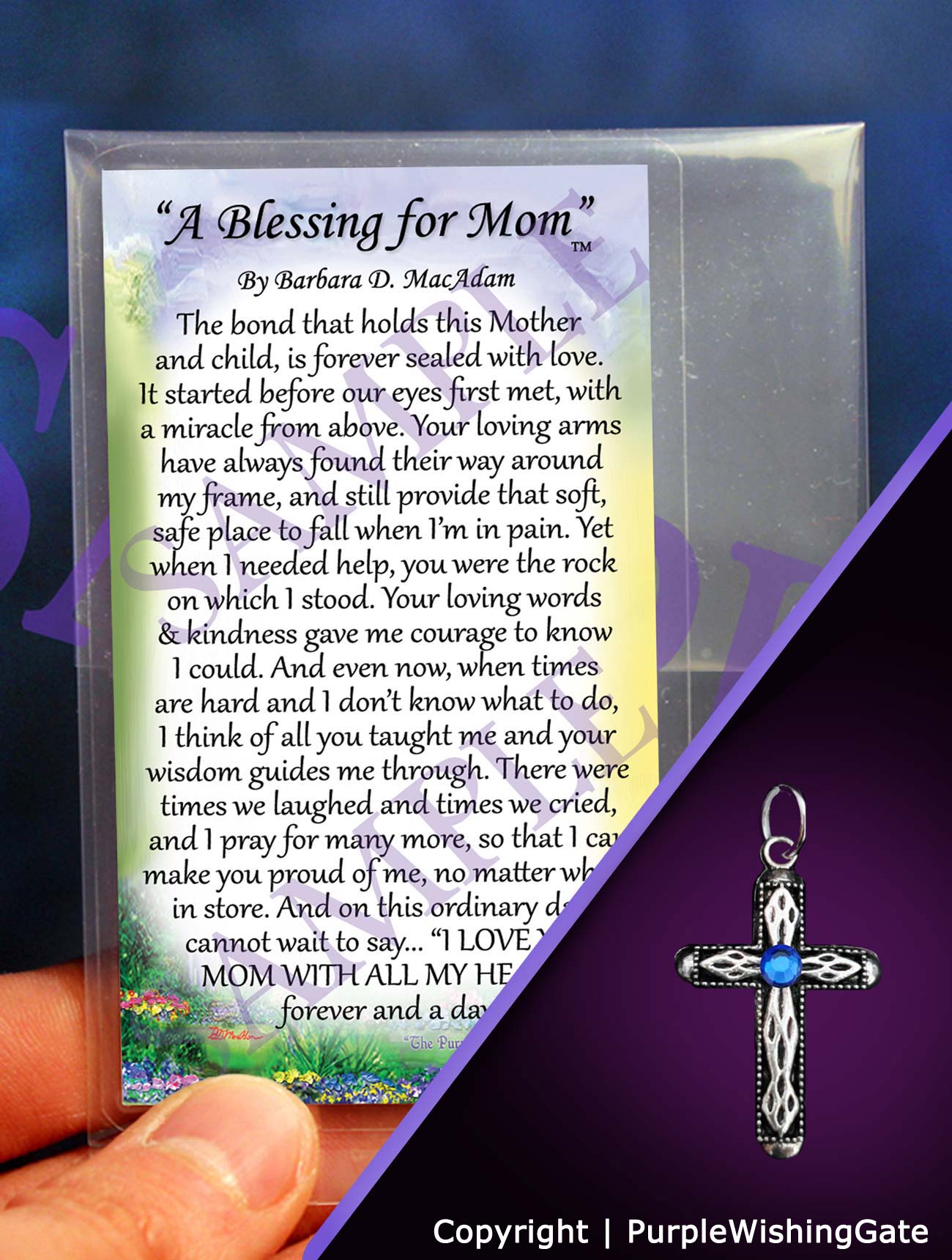 Small poem card titled 'A Blessing for Mom,'  plus a heritage cross with a royal blue crystal against a purple background.