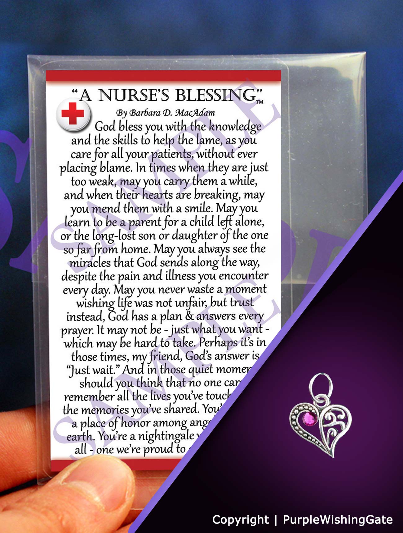 Nurse's blessing card and a crescent-heart-shaped charm with a fuchsia crystal on a purple background.
