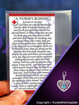 Nurse's blessing card and a heart-shaped charm with a Caribbean blue crystal on a purple background.