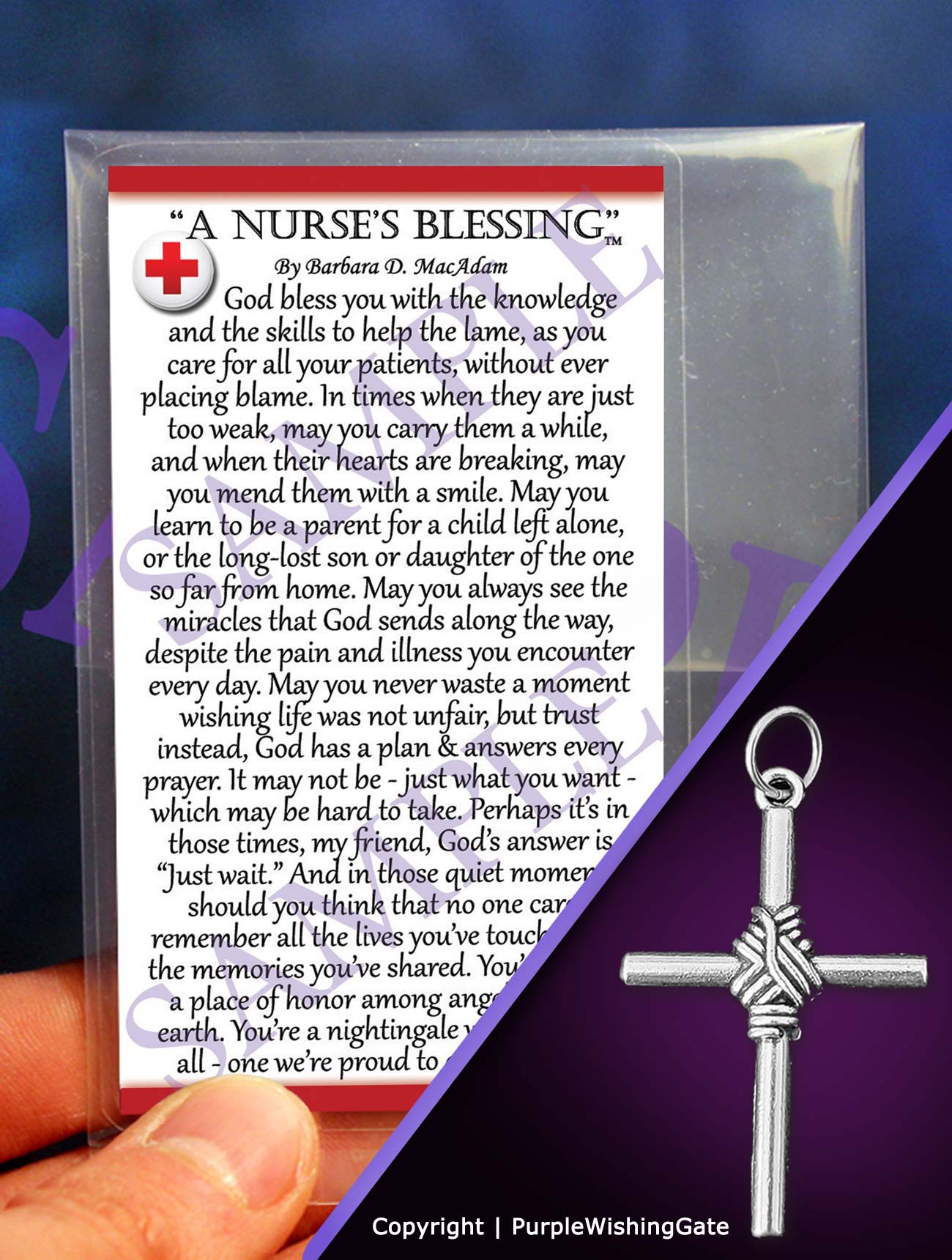Nurse's blessing card with a masculine rope cross pendant on a purple background.