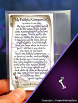 Pet poem card titled 'My Faithful Companion,' plus a silver dog bone charm with a fuchsia crystal on a purple background.