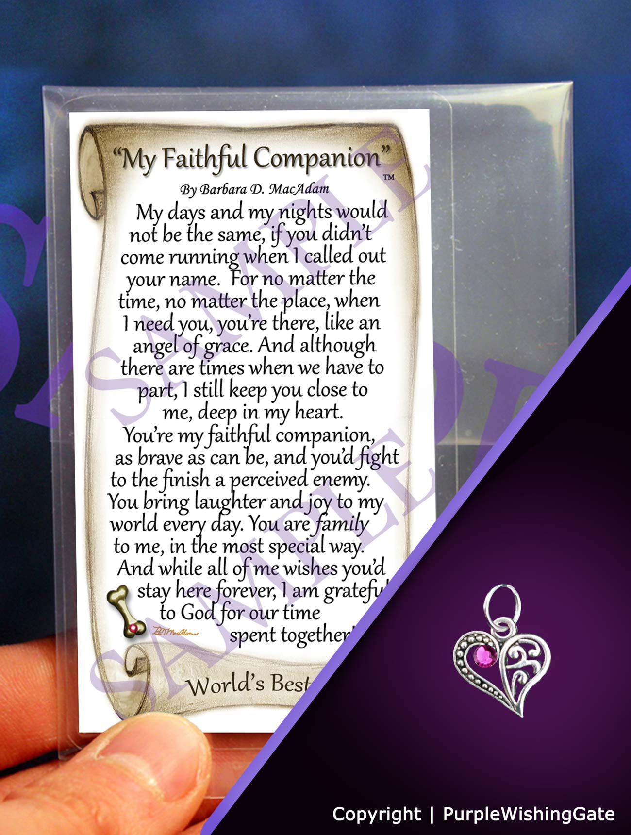 Pet poem card titled 'My Faithful Companion,' plus a crescent-shaped heart charm with a fuchsia crystal on a purple background.