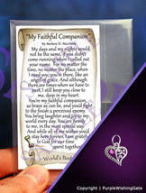 Pet poem card titled 'My Faithful Companion,' plus a crescent-shaped heart charm with a fuchsia crystal on a purple background.