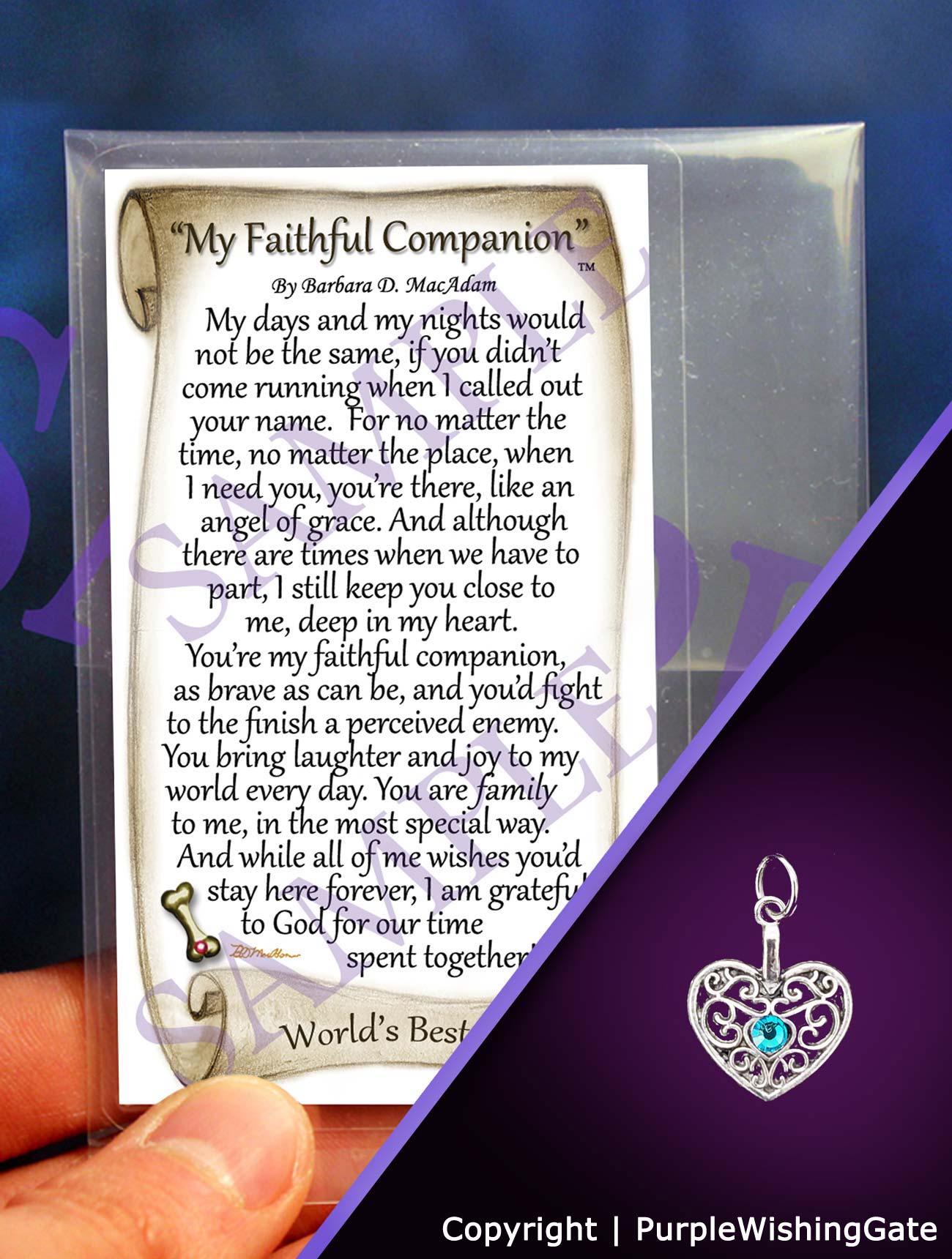 Pet poem card titled 'My Faithful Companion,' plus a heart-shaped charm with a Caribbean blue crystal on a purple background.