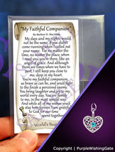 Pet poem card titled 'My Faithful Companion,' plus a heart-shaped charm with a Caribbean blue crystal on a purple background.
