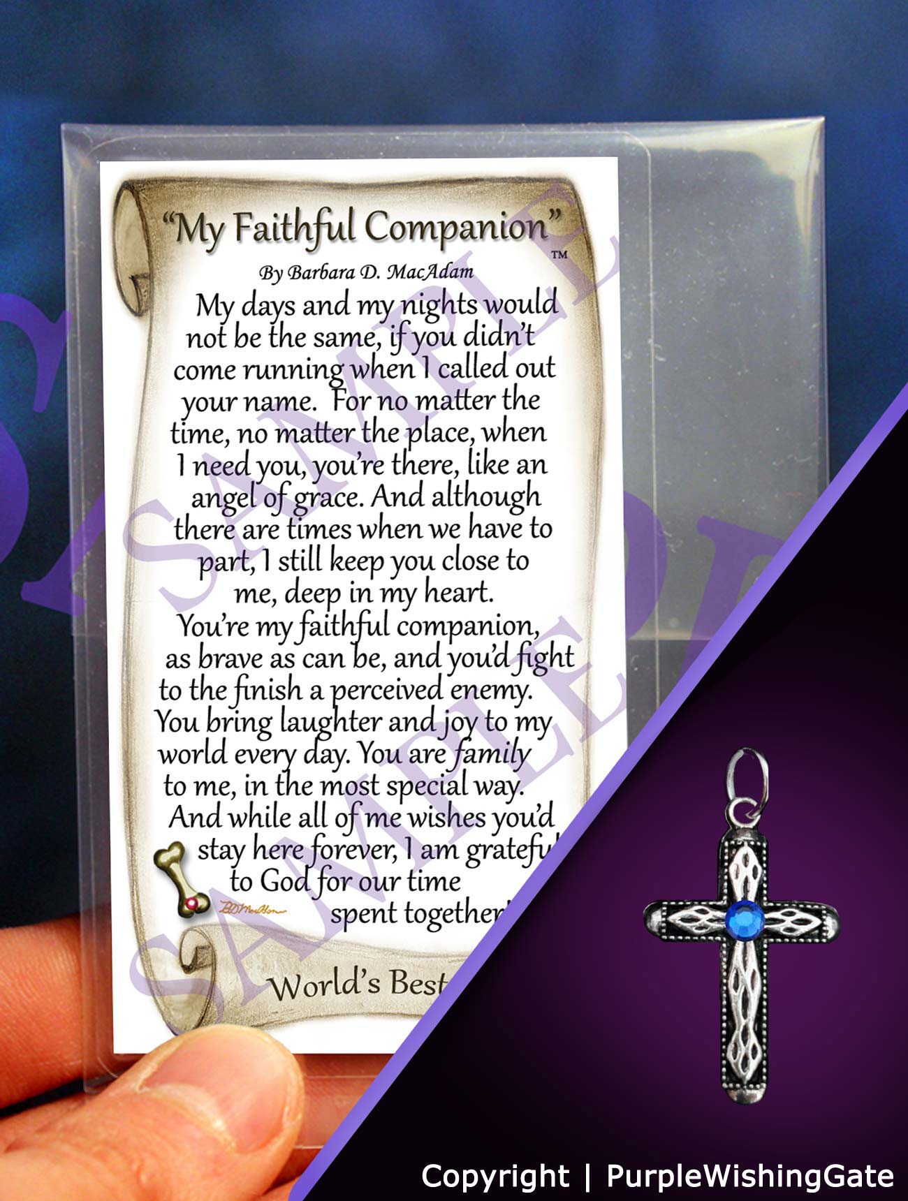 Pet poem card titled 'My Faithful Companion,' plus a heritage cross charm with a royal blue crystal on a purple background.