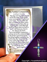 Pet poem card titled 'My Faithful Companion,' plus a heritage cross charm with a royal blue crystal on a purple background.