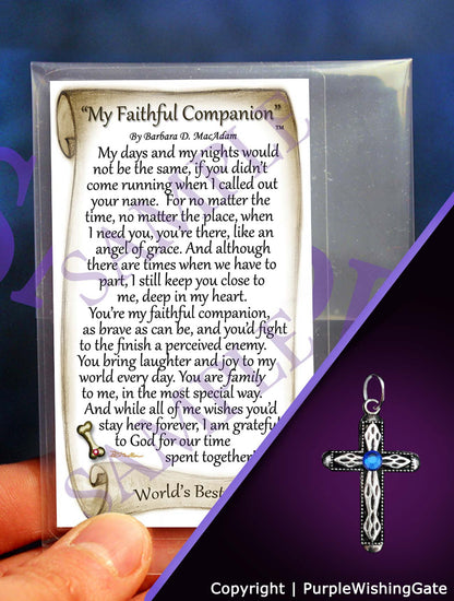Pet poem card titled 'My Faithful Companion,' plus a heritage cross charm with a royal blue crystal on a purple background.