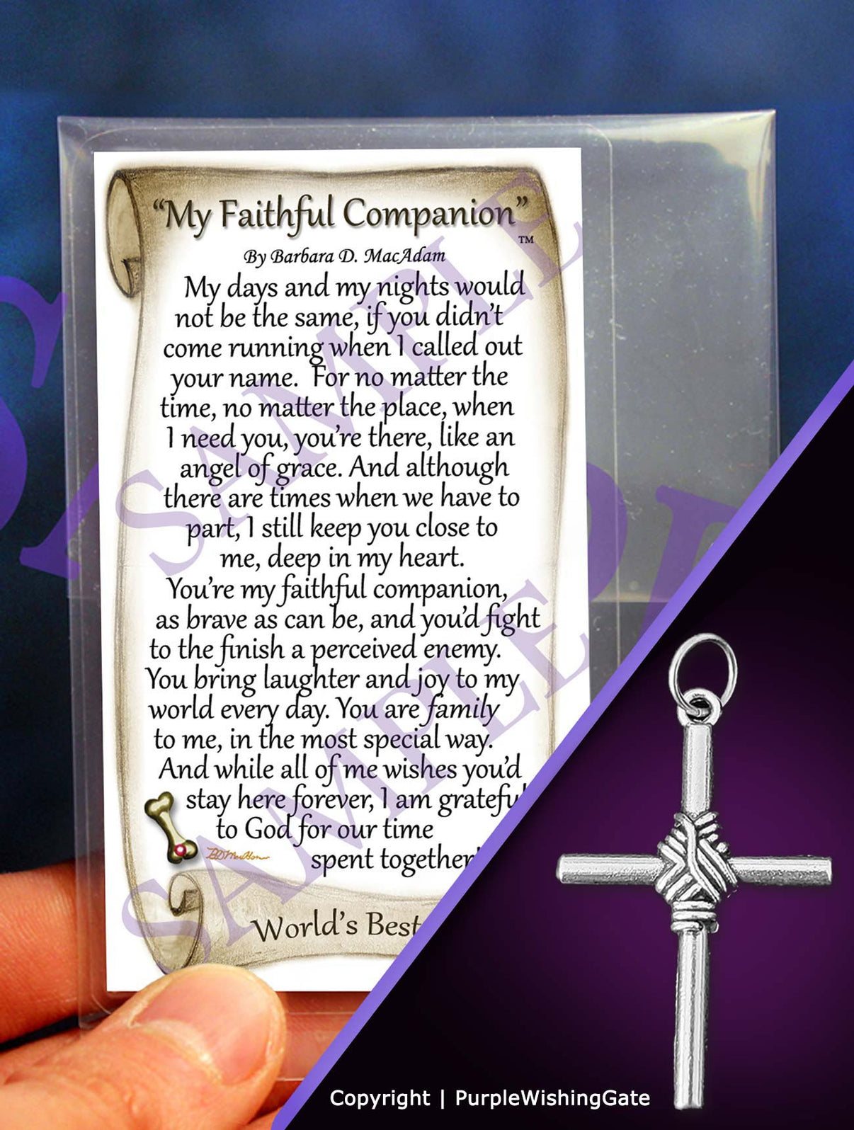 Pet poem card titled 'My Faithful Companion,' plus a silver masculine rope cross charm on a purple background.