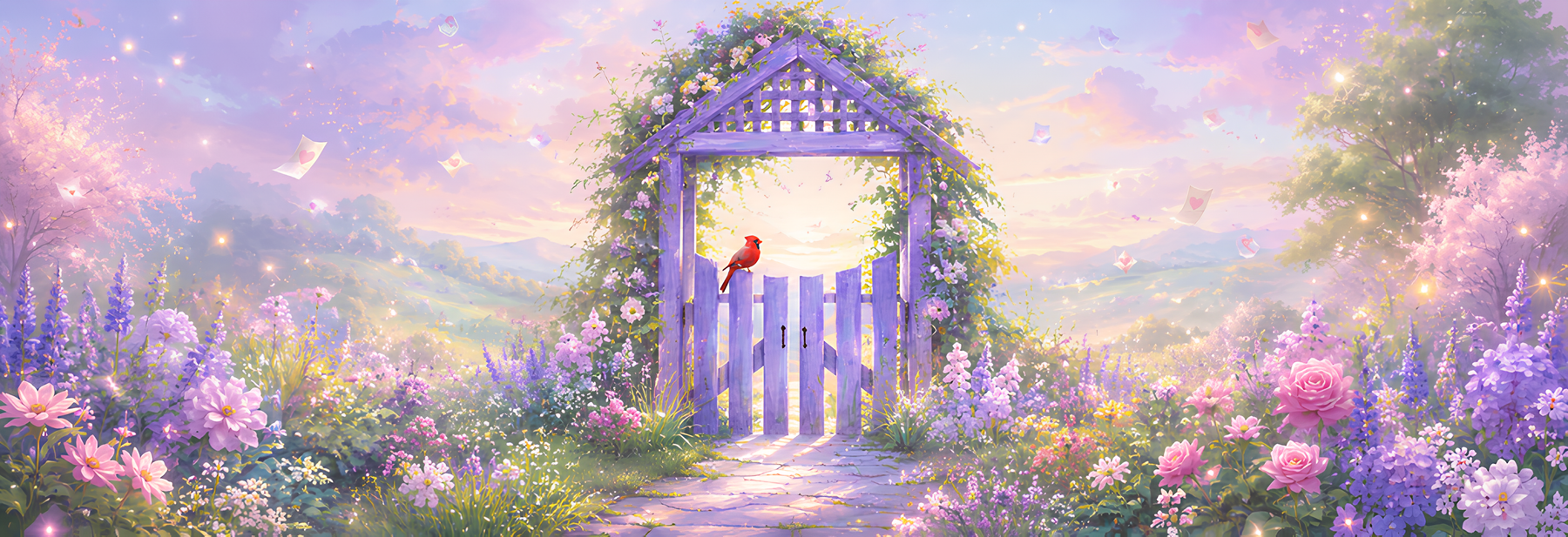 A pastel landscape artwork showing a lavender garden archway with a small red bird perched on the gate, surrounded by purple flowers, a winding path, and a dreamy sky with glowing sparkles.
