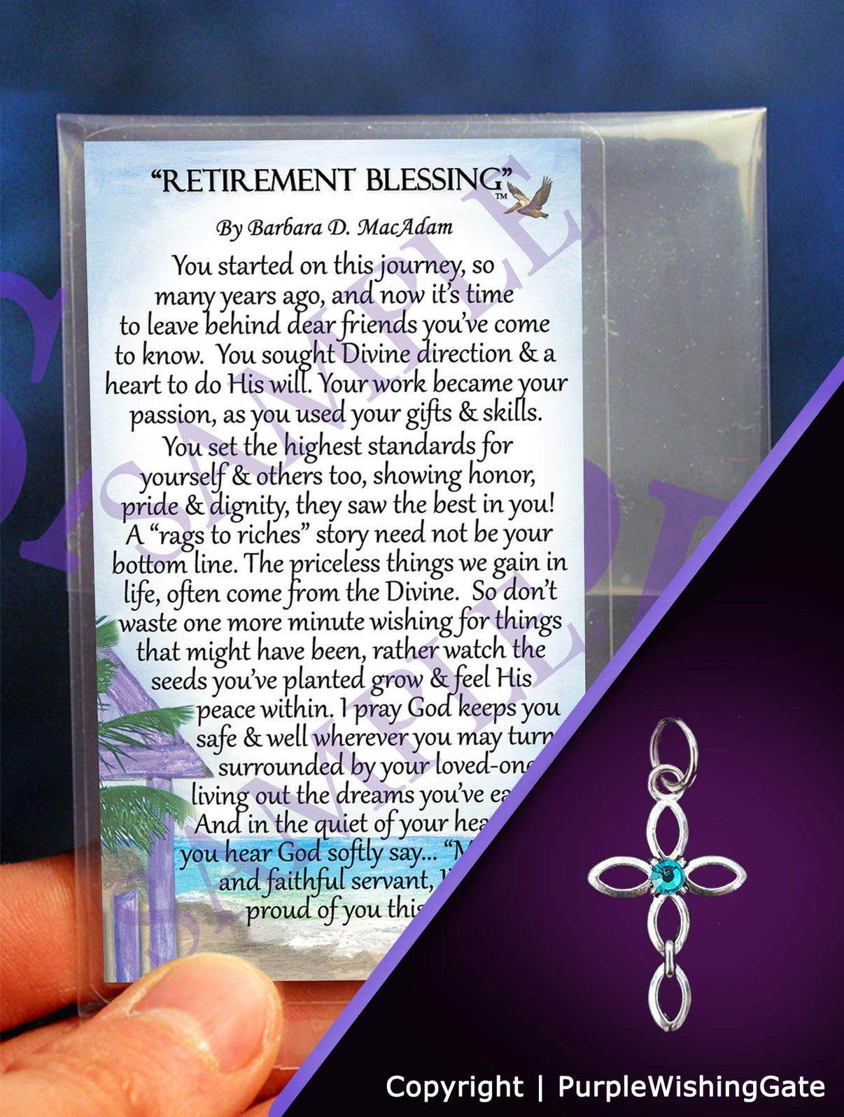 Retirement blessing card and an infinity cross pendant with a Caribbean blue crystal on a purple background.