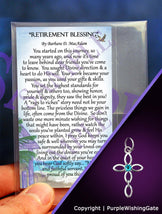 Retirement blessing card and an infinity cross pendant with a Caribbean blue crystal on a purple background.