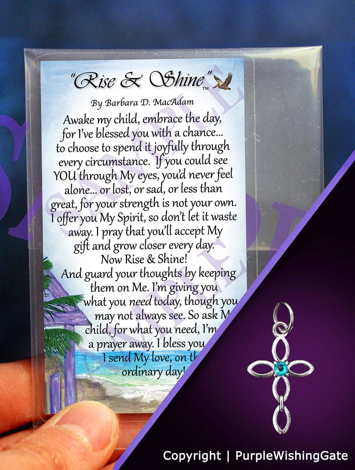 Wallet-size card with 'Rise & Shine' poem and an infinity cross charm with a Caribbean blue crystal on a purple background.