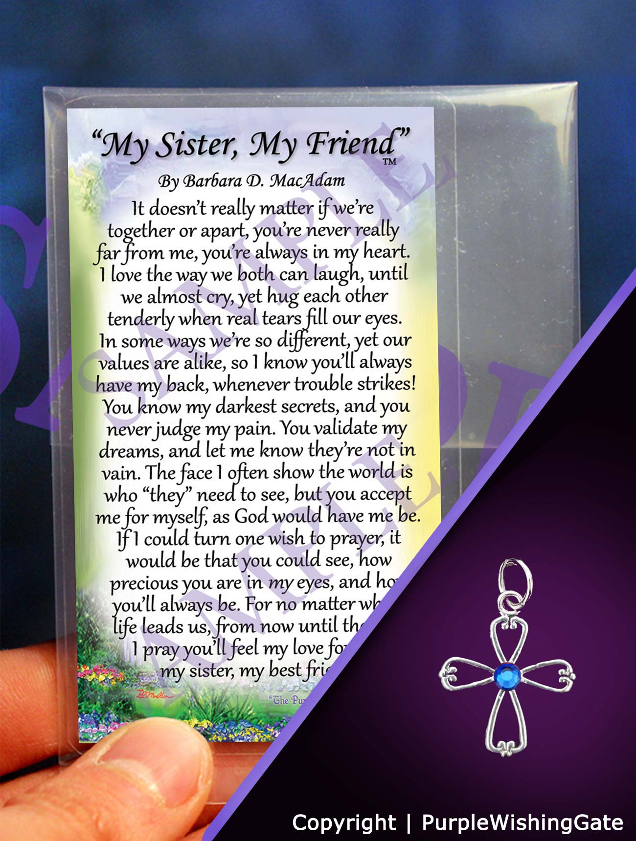 Laminated poem card titled 'My Sister, My Friend,' shown with an angel-like cross pendant with a royal blue crystal against a purple background.