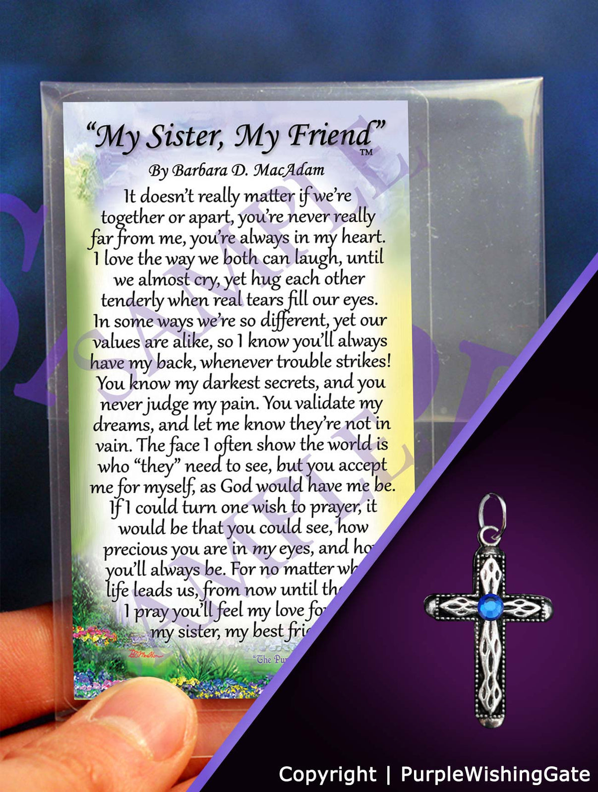 Laminated poem card titled 'My Sister, My Friend,' shown with a heritage cross pendant with a royal blue crystal against a purple background.