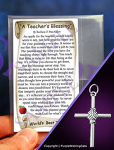 Teacher's blessing card with an apple illustration, plus a masculine rope cross pendant on a purple background.