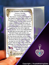 Veteran's blessing card with a heart-shaped charm and Caribbean blue crystal on a purple background