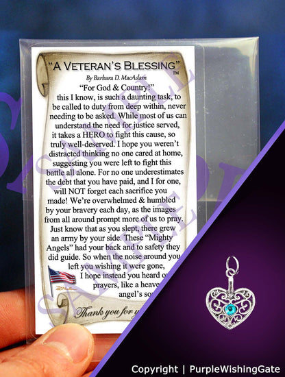 Veteran's blessing card with a heart-shaped charm and Caribbean blue crystal on a purple background