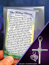 Two wedding blessing cards with a rope cross pendant and a crescent heart charm with fuchsia crystal for bride and groom on a purple background