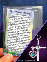 Two wedding blessing cards with a rope cross pendant and a heart charm with Caribbean blue crystal for bride and groom on a purple background