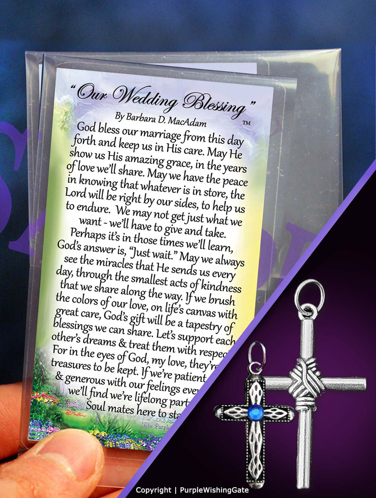 Two Wedding blessing cards with a silver rope cross for the groom and a heritage cross charm with blue crystal for the bride on a purple background