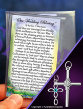 Two wedding blessing cards with a rope cross pendant and infinity cross charm with Caribbean blue crystal for bride and groom on a purple background