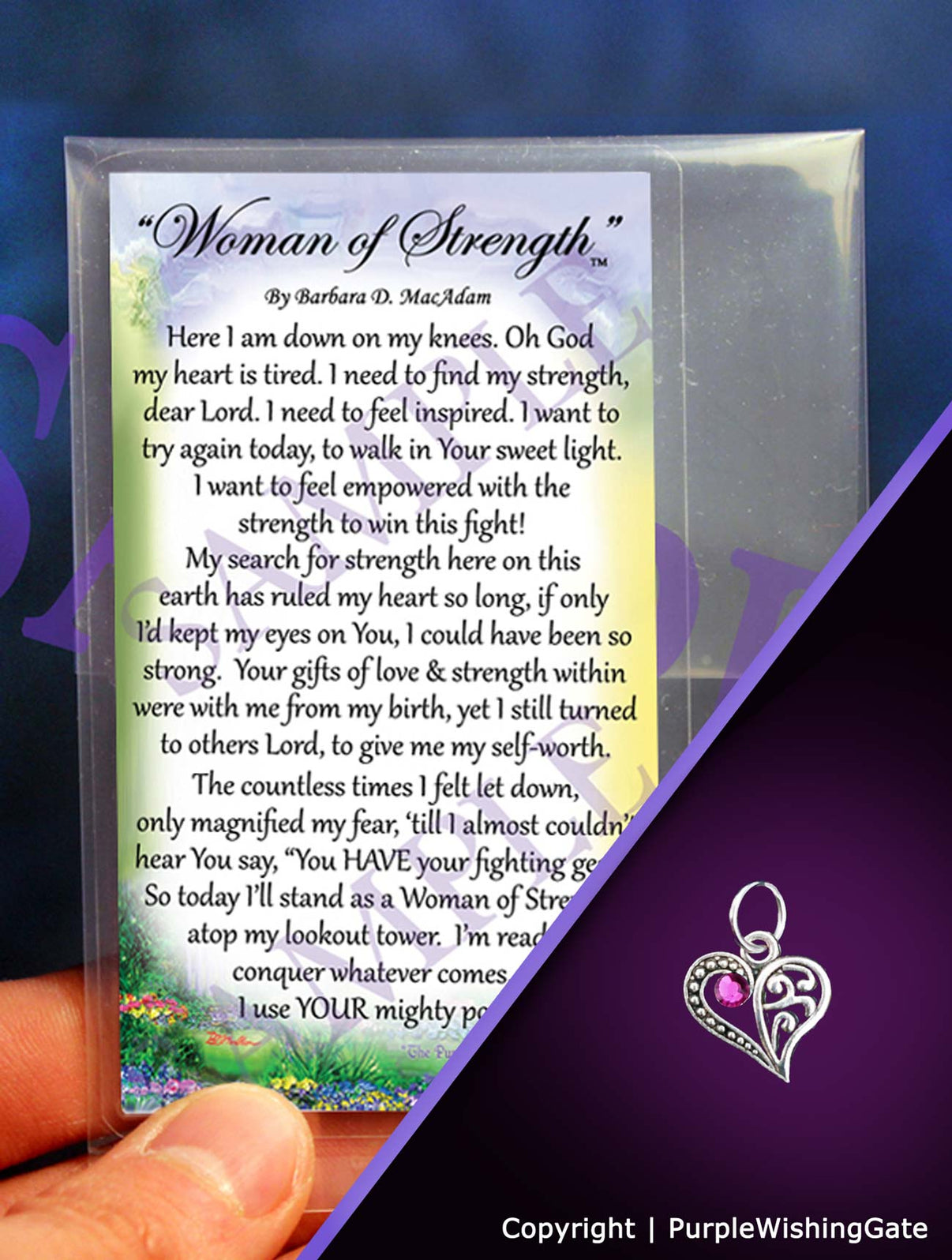 Card with 'Woman of Strength' poem with a crescent heart charm against a purple background.
