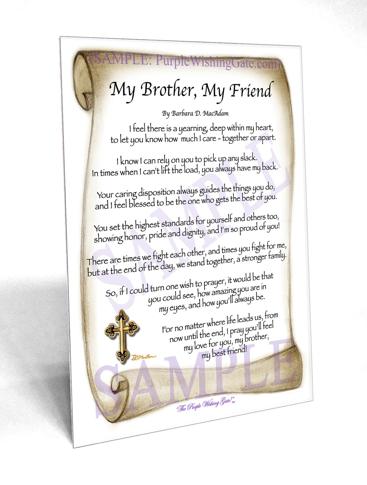 My Brother, My Friend poem on Scroll with Cross artwork, shown as a 5×7 blessing card.