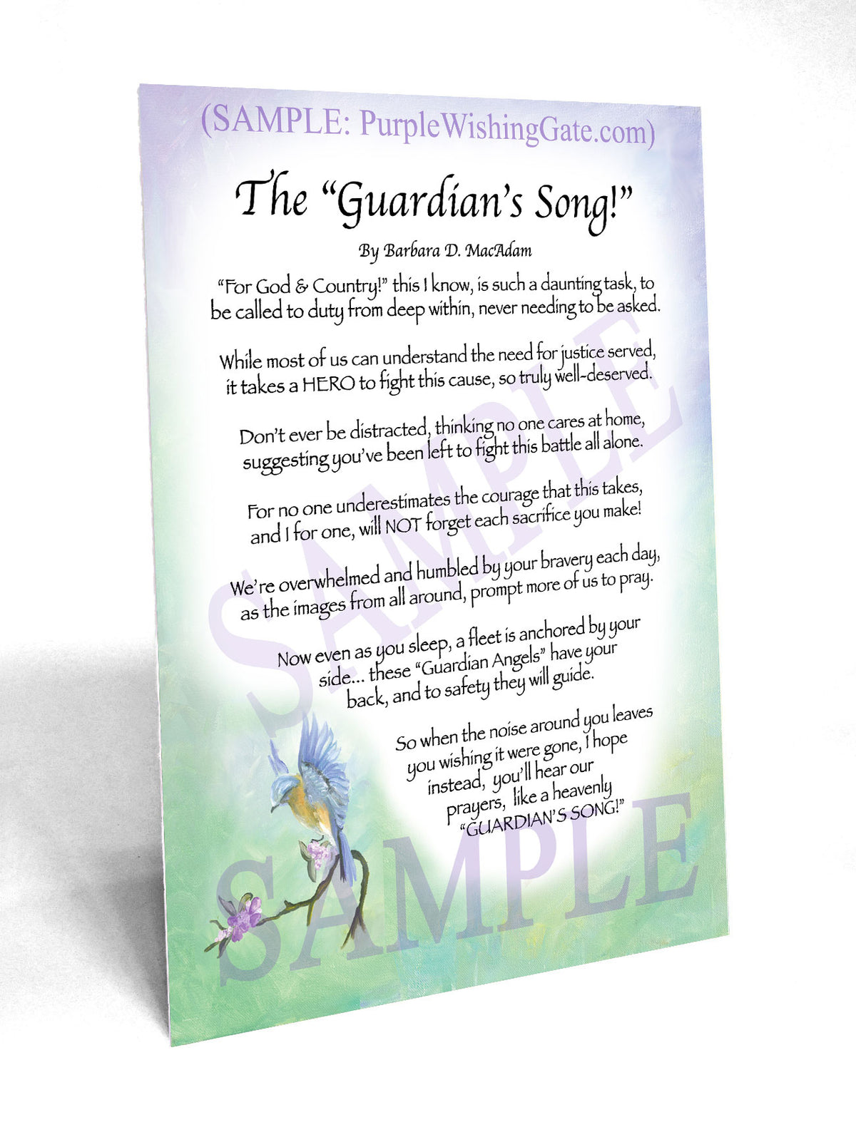 The Guardian's Song poem on Bluebird artwork, shown as a 5×7 blessing card.