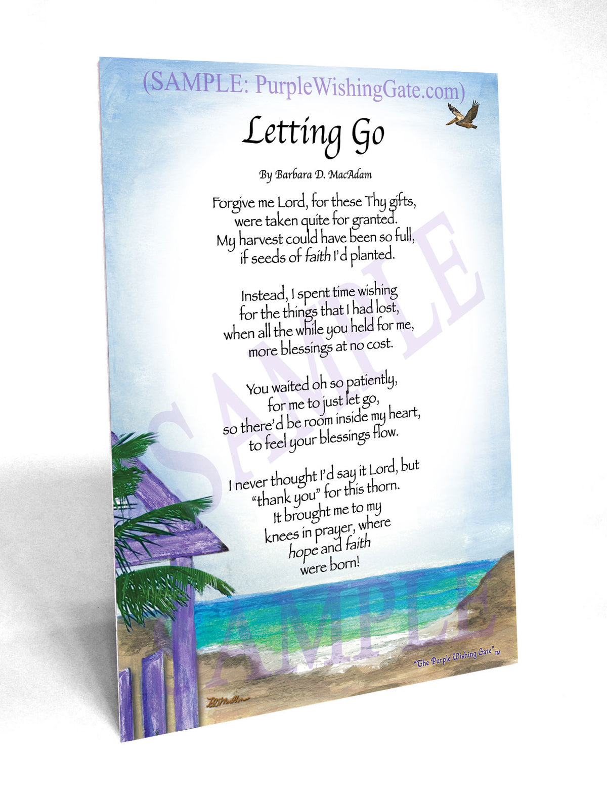 Letting Go poem on Paradise Cove artwork, shown as a 5×7 blessing card.