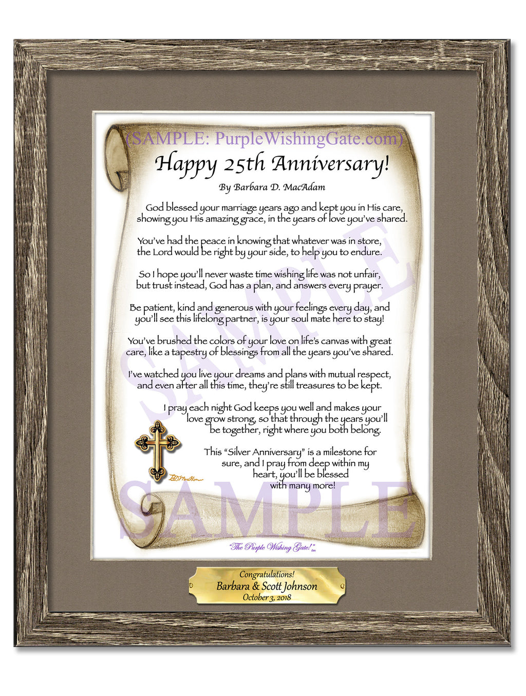 Happy 25th Anniversary: Sepia Scroll / 8x10 w/Nameplate / 8x10 Birchwood
