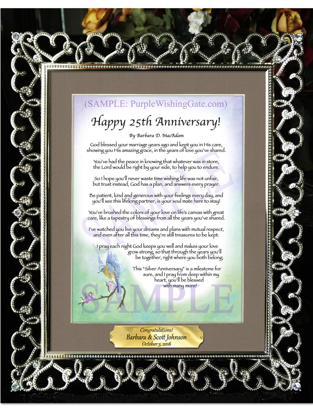 Happy 25th Anniversary: Bluebird / 8x10 w/Nameplate / 8x10 Crystal-Silver Hearts
