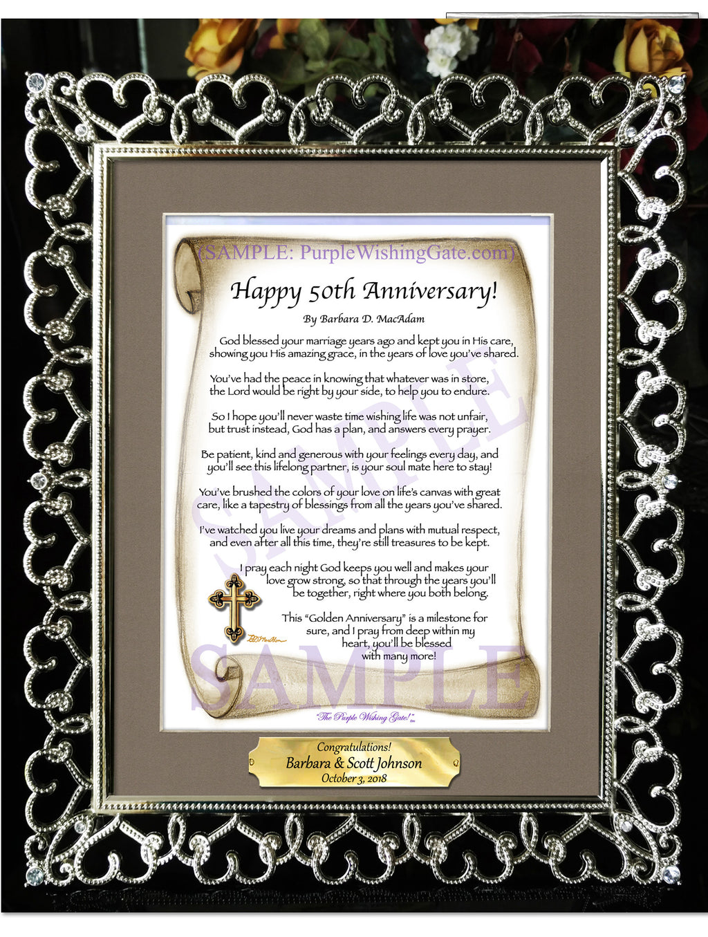 Happy 50th Anniversary: Sepia Scroll / 8x10 w/Nameplate / 8x10 Crystal-Silver Hearts
