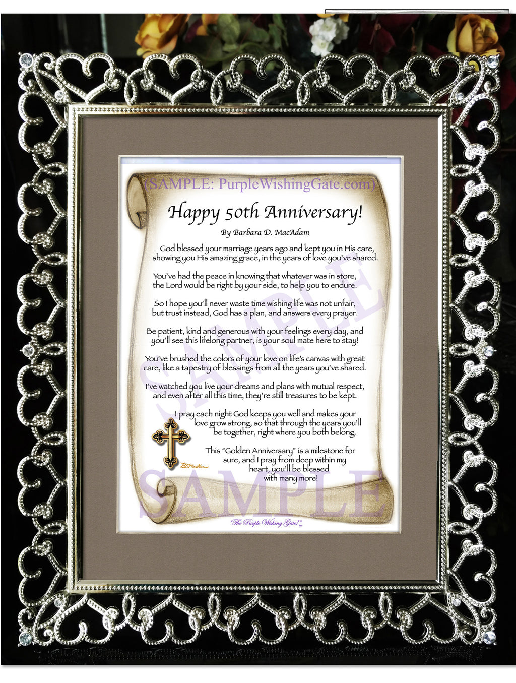 Happy 50th Anniversary: Sepia Scroll / 8x10 / 8x10 Crystal-Silver Hearts
