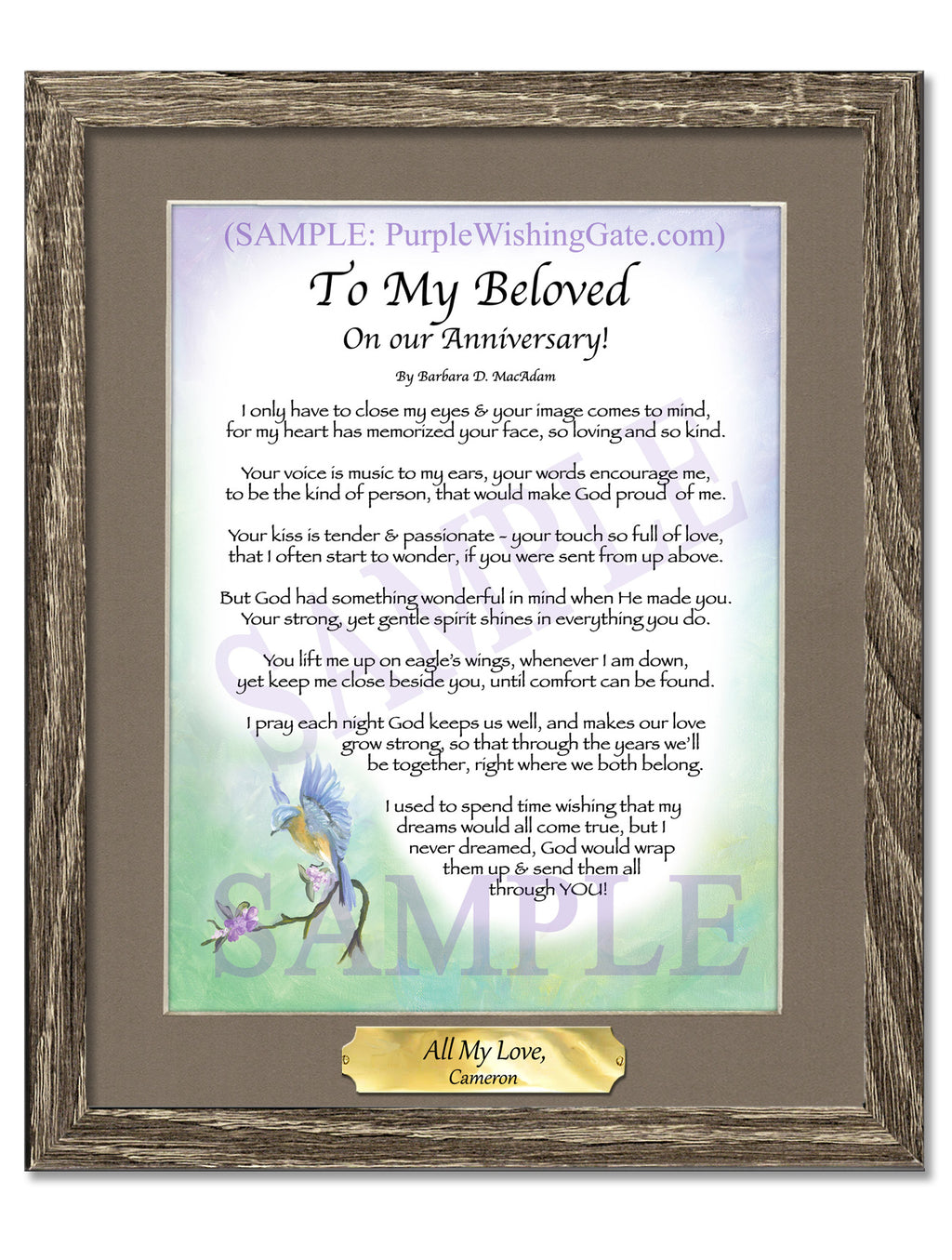 To My Beloved on our Anniversary: Bluebird / 8x10 w/Nameplate / 8x10 Birchwood
