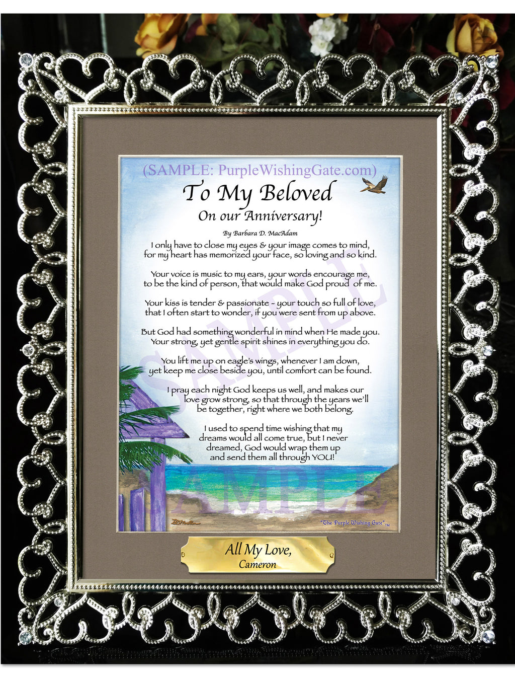To My Beloved on our Anniversary: Paradise Cove / 8x10 w/Nameplate / 8x10 Crystal-Silver Hearts

