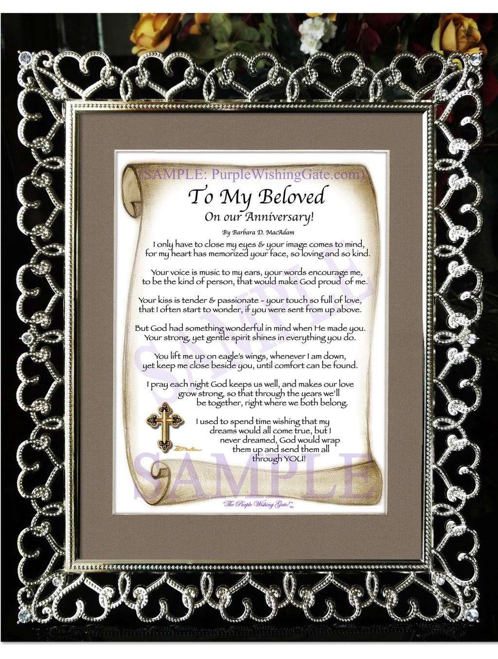 To My Beloved on our Anniversary: Sepia Scroll / 8x10 / 8x10 Crystal-Silver Hearts
