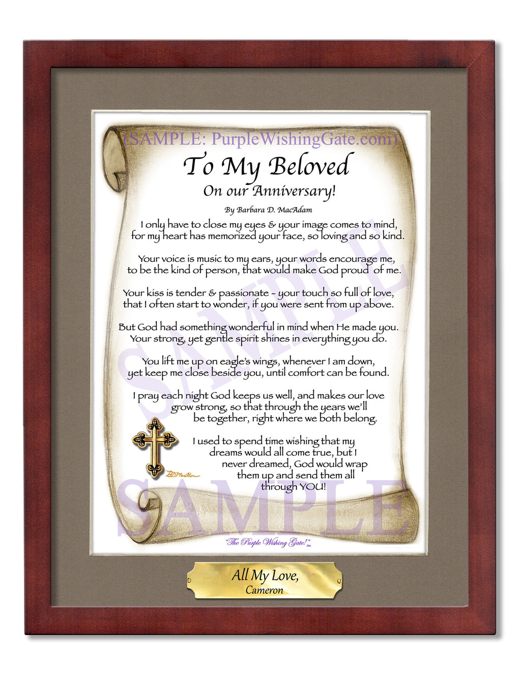 To My Beloved on our Anniversary: Sepia Scroll / 8x10 w/Nameplate / 8x10 Classic Walnut
